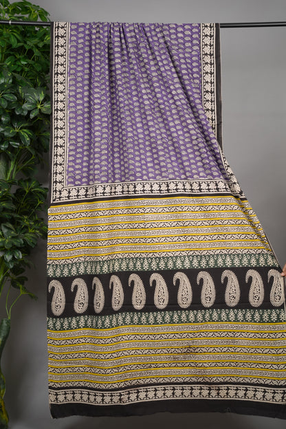Lavender Bagru Handblock printed MulMul cotton saree | Looms & Tassels