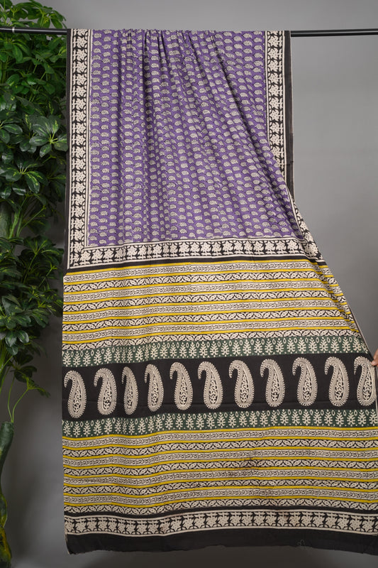 Lavender Bagru Handblock printed MulMul cotton saree | Looms & Tassels