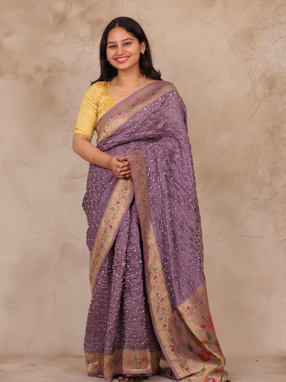 Dusty Lavender Handcrafted Bandhani Paithani Dola Silk Saree | Looms & Tassels