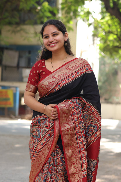 Black & Red Ajrakh Dola Silk Saree