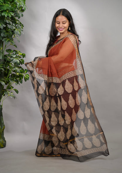Maroon Pure Kota Doria Saree with Bagru Handblock Prints