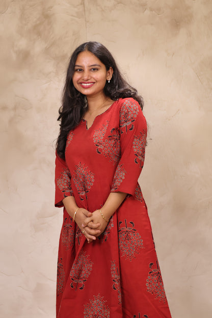 Red Ajrakh Handblock Printed Kali Kurti Co-ord Set (Pure Cotton ) | Looms & Tassels