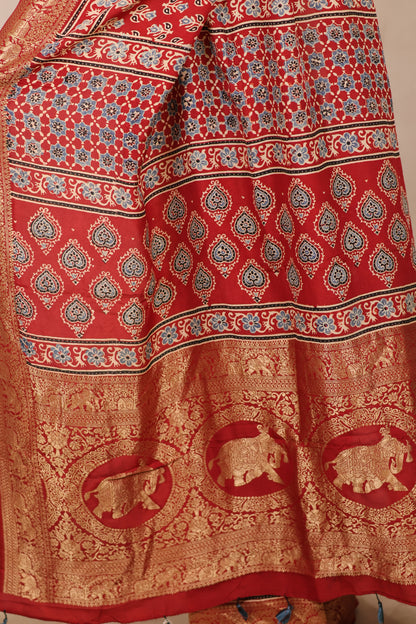 Red Ajrakh Handblock printed Dola Silk Saree | Looms & Tassels