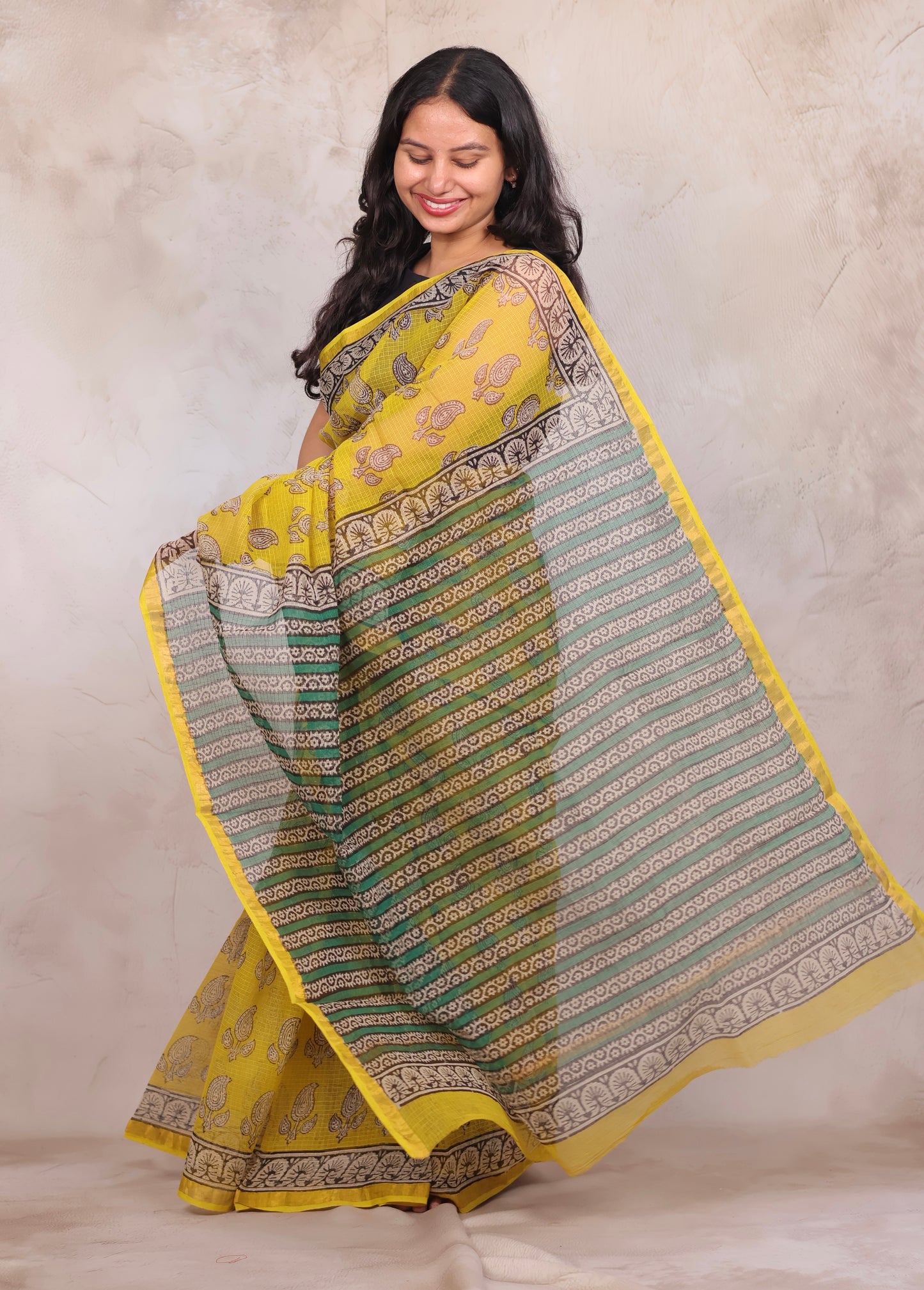 Yellow Pure Kota Doria Saree with Bagru Handblock Prints | Looms & Tassels