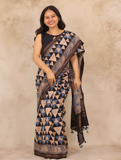 Maheswari Silk Cotton Ajrakh Handblock Printed Saree | Looms & Tassels