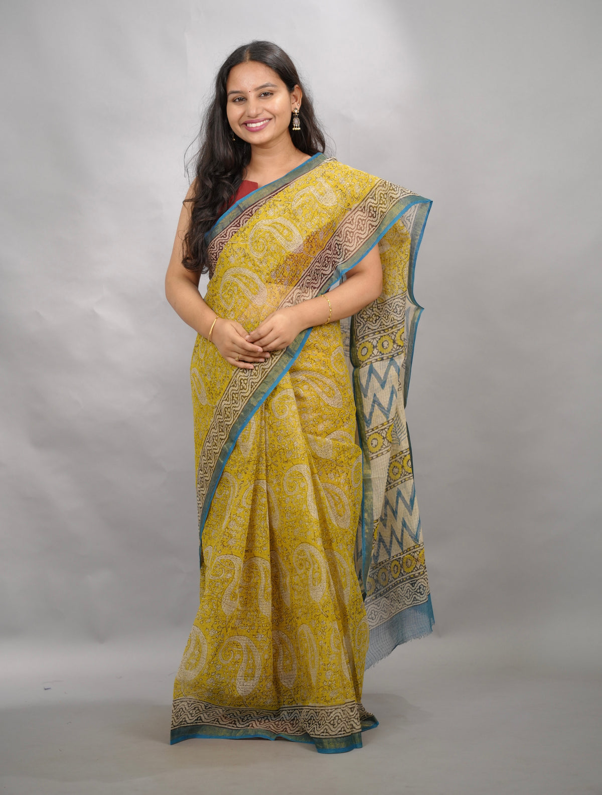 Yellow Pure Kota Doria Saree with Bagru Handblock Prints | Looms & Tassels