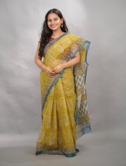 Yellow Pure Kota Doria Saree with Bagru Handblock Prints | Looms & Tassels