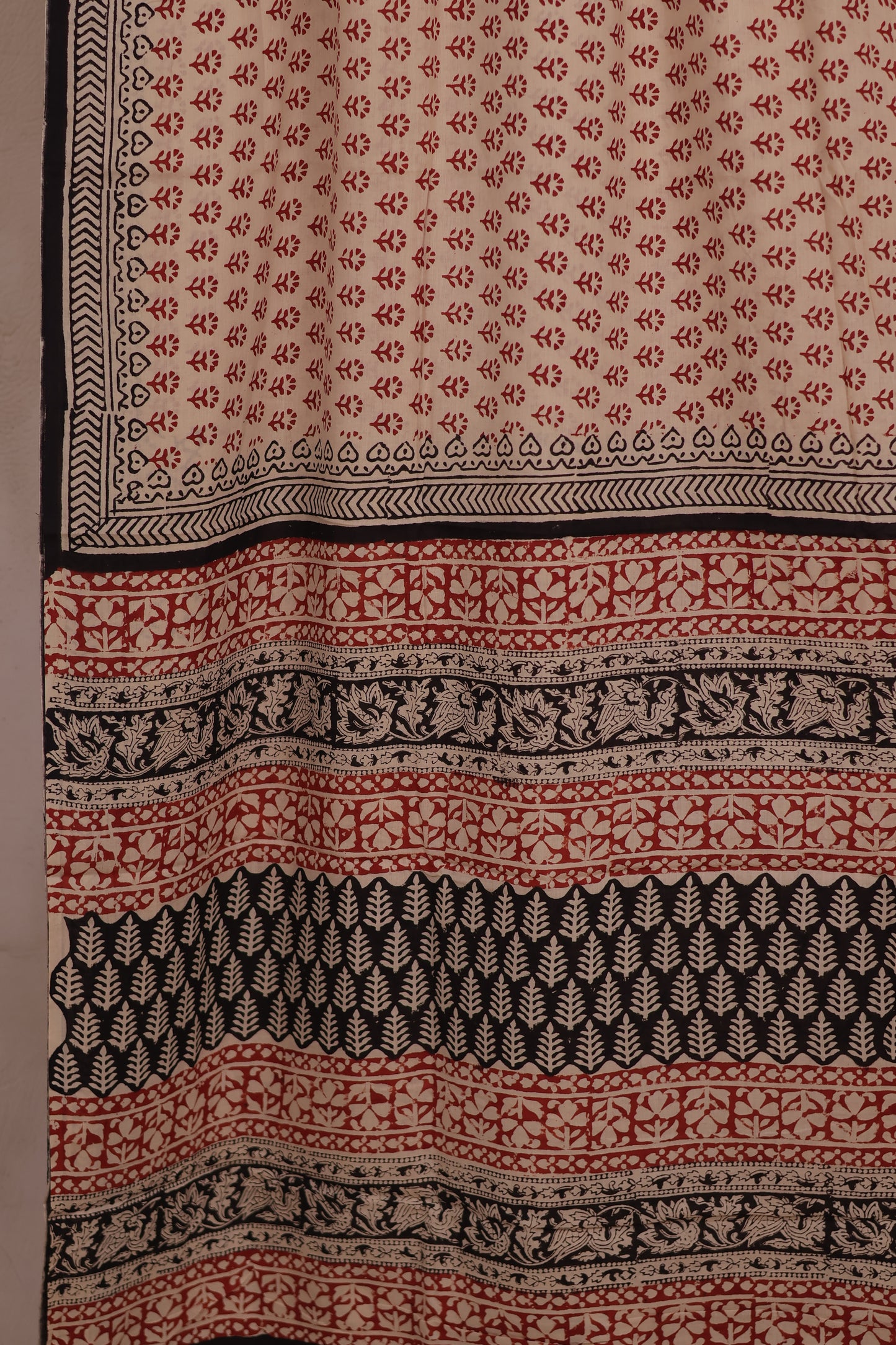 Cream Bagru Handblock printed MulMul cotton saree