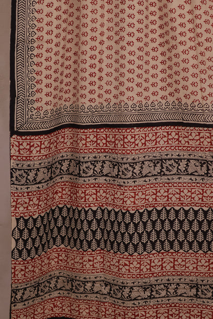 Cream Bagru Handblock printed MulMul cotton saree