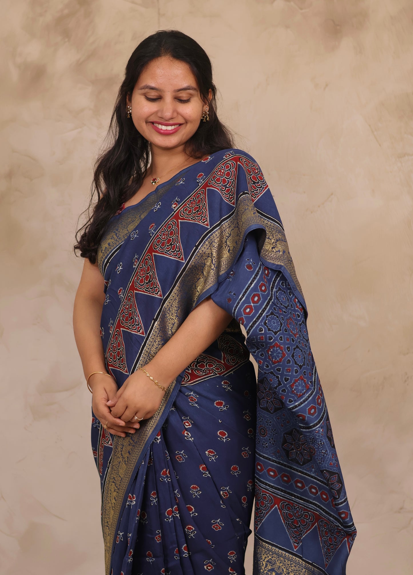 Indigo Floral Ajrakh Handblock printed Dola Silk Saree | Looms & Tassels