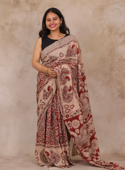 Cream Kalamkari Cotton Saree