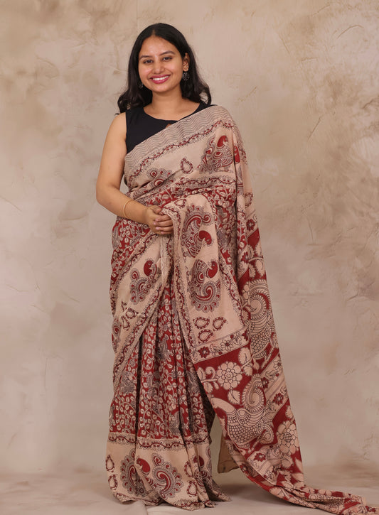 Cream Kalamkari Cotton Saree