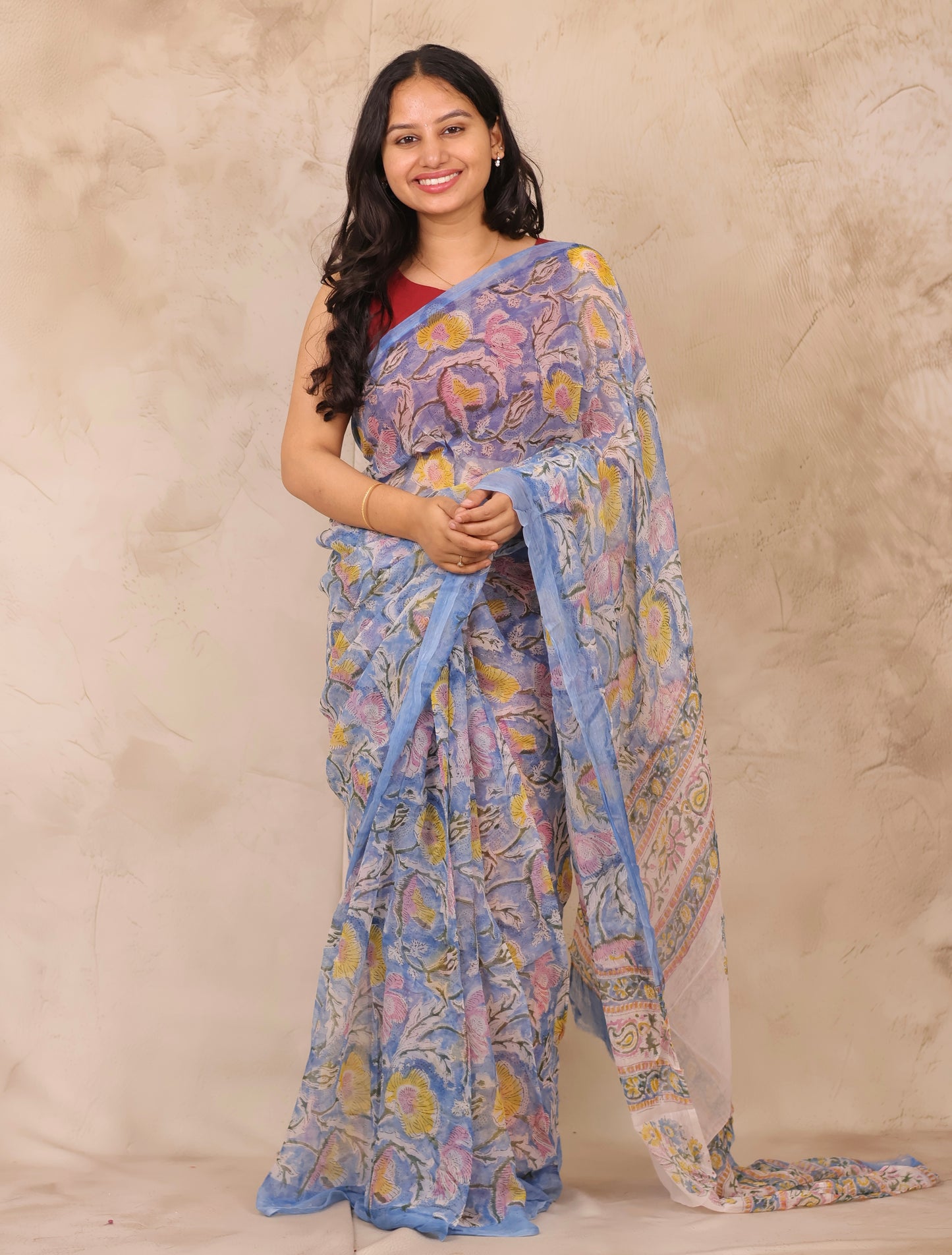 Blue Chiffon Hand Block Printed Saree | Looms & Tassels