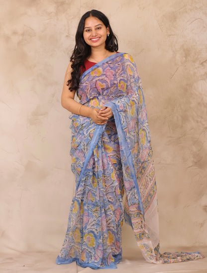 Blue Chiffon Hand Block Printed Saree | Looms & Tassels