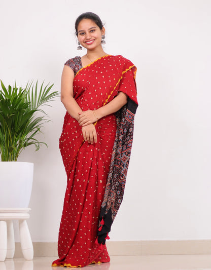 Red Ajrakh Bandhej Modal Silk Saree