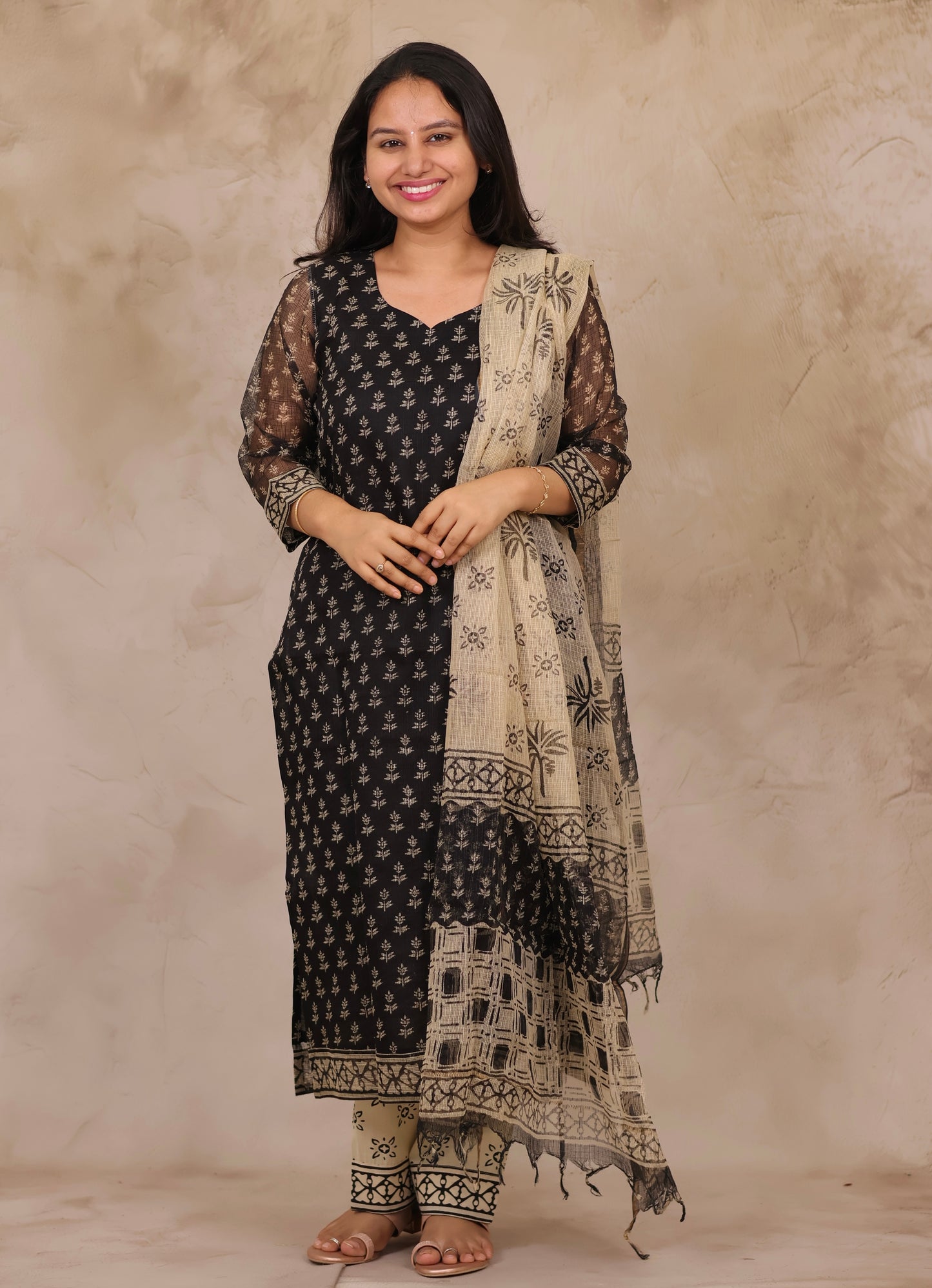 Black Handblock printed kota 3 piece suit (stitched)