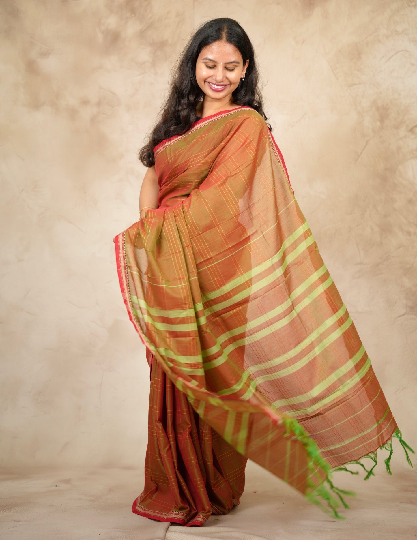 Orange Duel Tone Narayanpet Cotton Saree lines weaving | Looms & Tassels