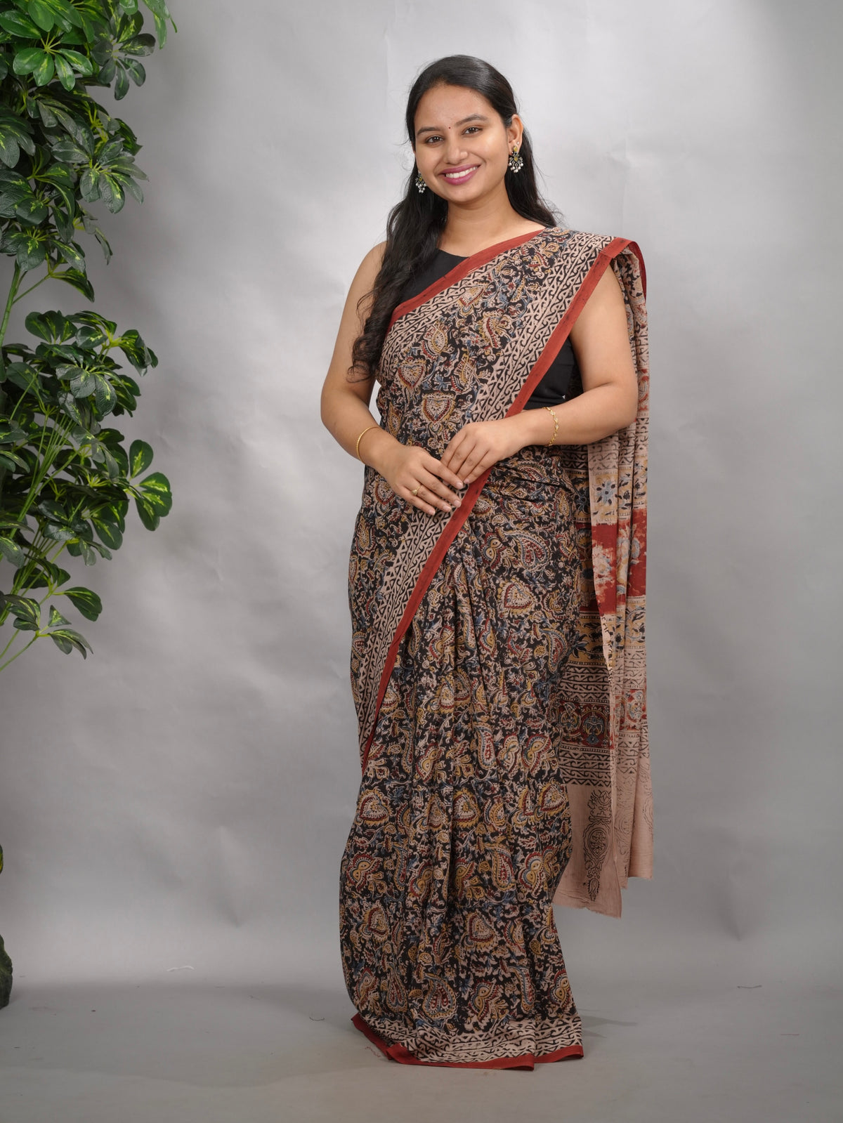 Black Hand Block Printed Kalamkari Cotton Saree | Looms & Tasselse
