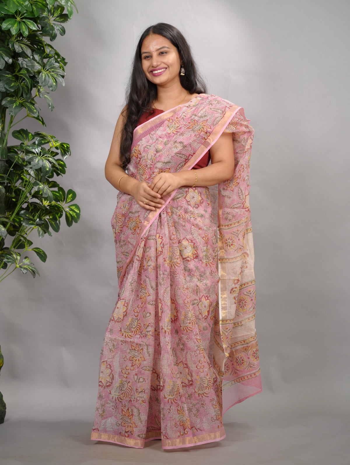 Baby Pink Pure Kota Doria Saree with Bagru Handblock Prints