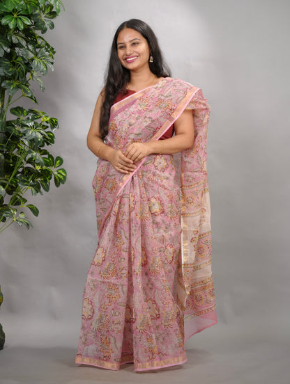 Baby Pink Pure Kota Doria Saree with Bagru Handblock Prints