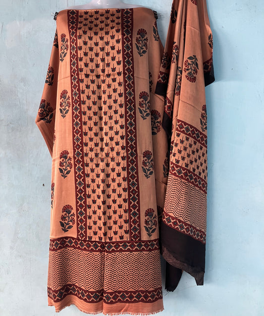 Peach Orange Floral Ajrakh Handblock Printed Modal Silk 2 Piece Suit Set