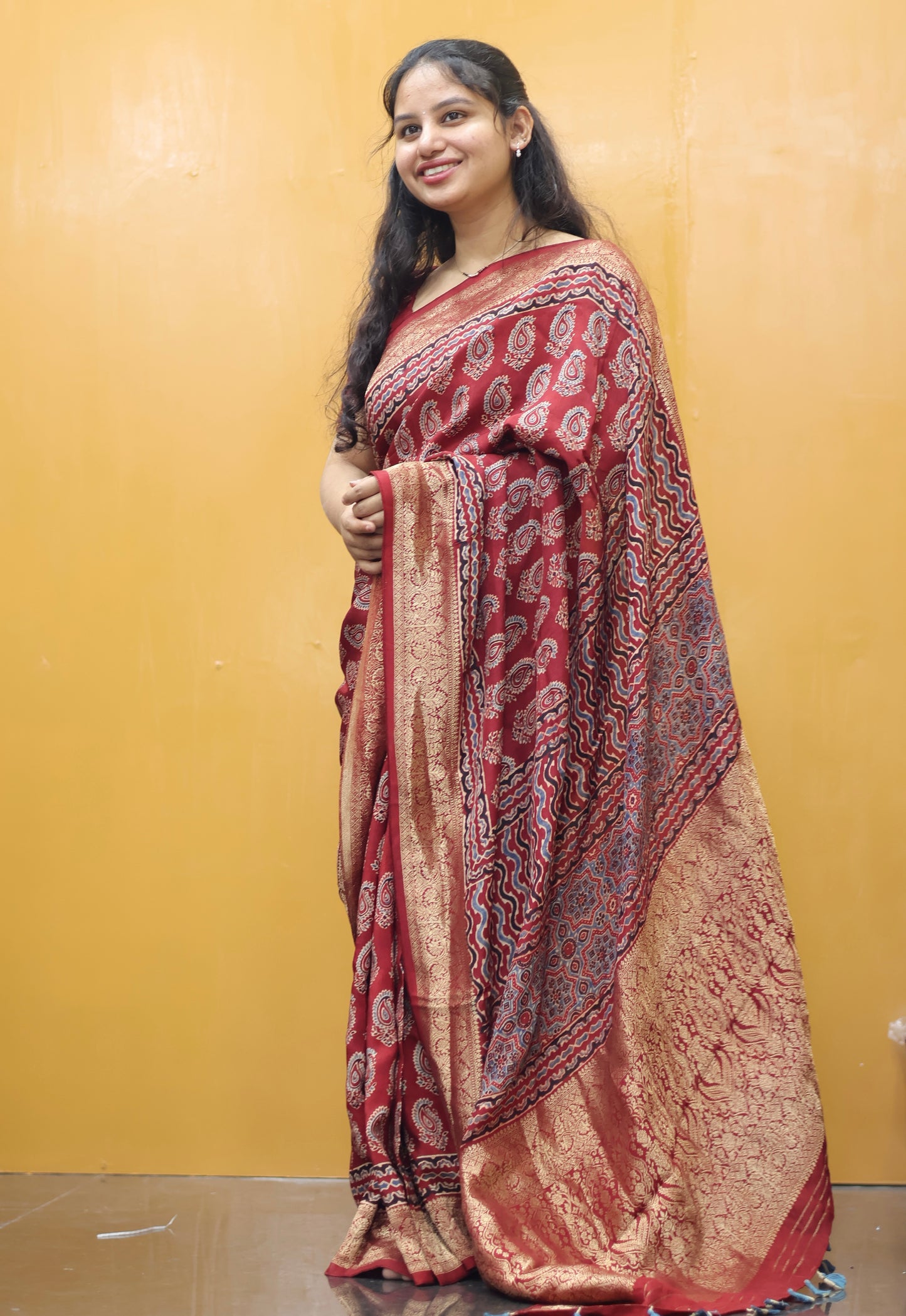 Maroon Butta Ajrakh Handblock Printed Dola Silk Saree