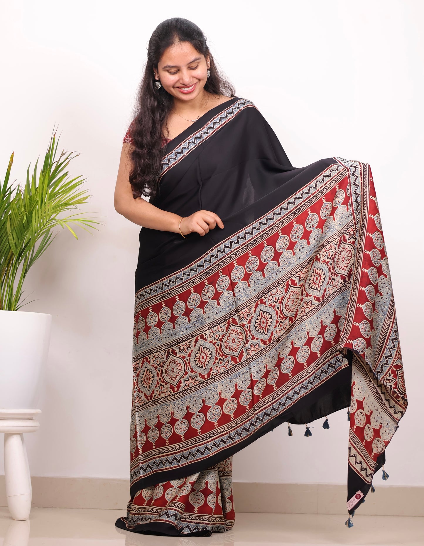 Black Half & Half Authentic Ajrakh Handblock Printed Modal Silk Saree | Looms & Tassels