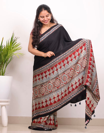 Black Half & Half Authentic Ajrakh Handblock Printed Modal Silk Saree | Looms & Tassels
