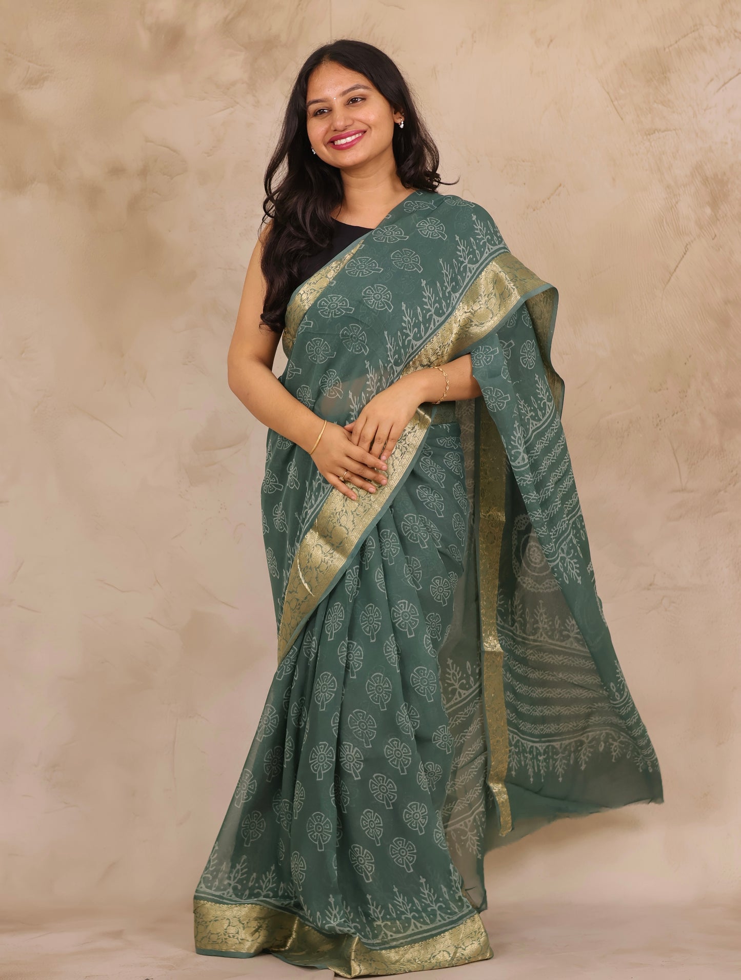 Sea Green Chiffon Hand Block Printed Saree with Jari Border | Looms & Tassels