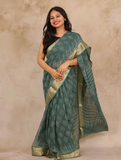 Sea Green Chiffon Hand Block Printed Saree with Jari Border | Looms & Tassels