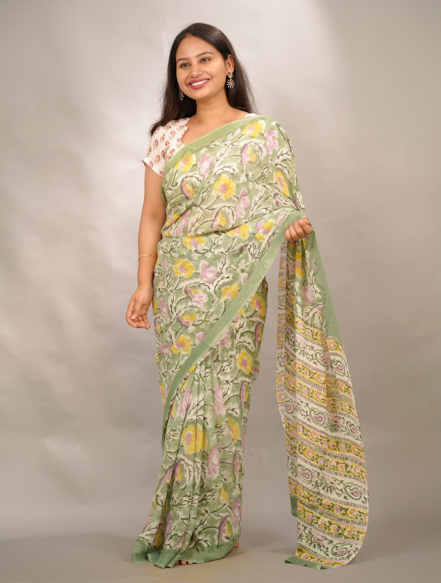 Green Georgette Hand Block Printed Saree| Looms & Tassels