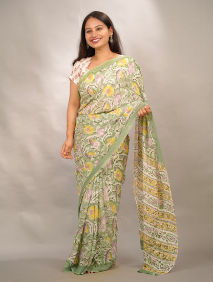 Green Georgette Hand Block Printed Saree| Looms & Tassels