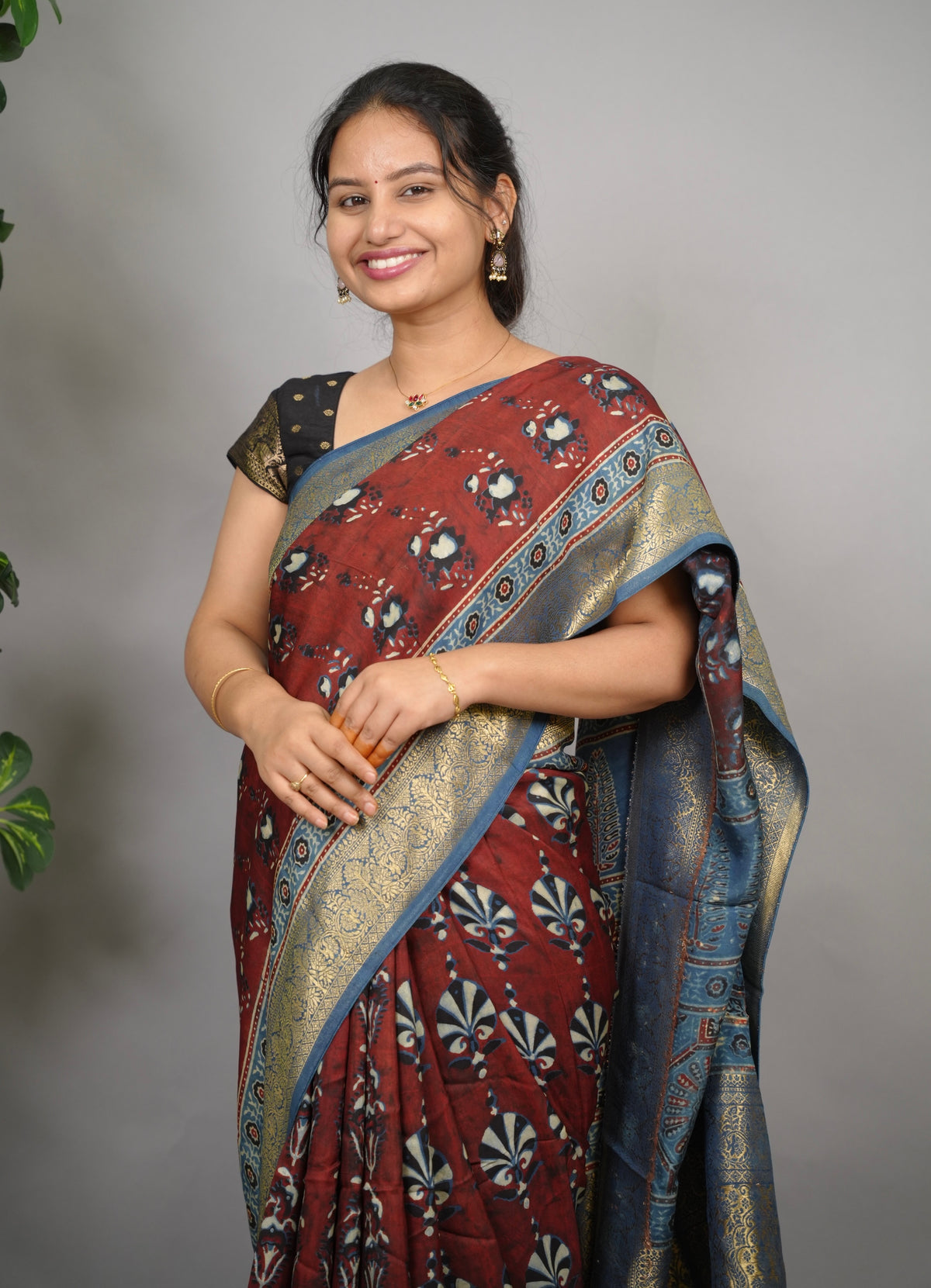 Ajrakh Dola Silk Saree - Brick Red | Looms & Tassels