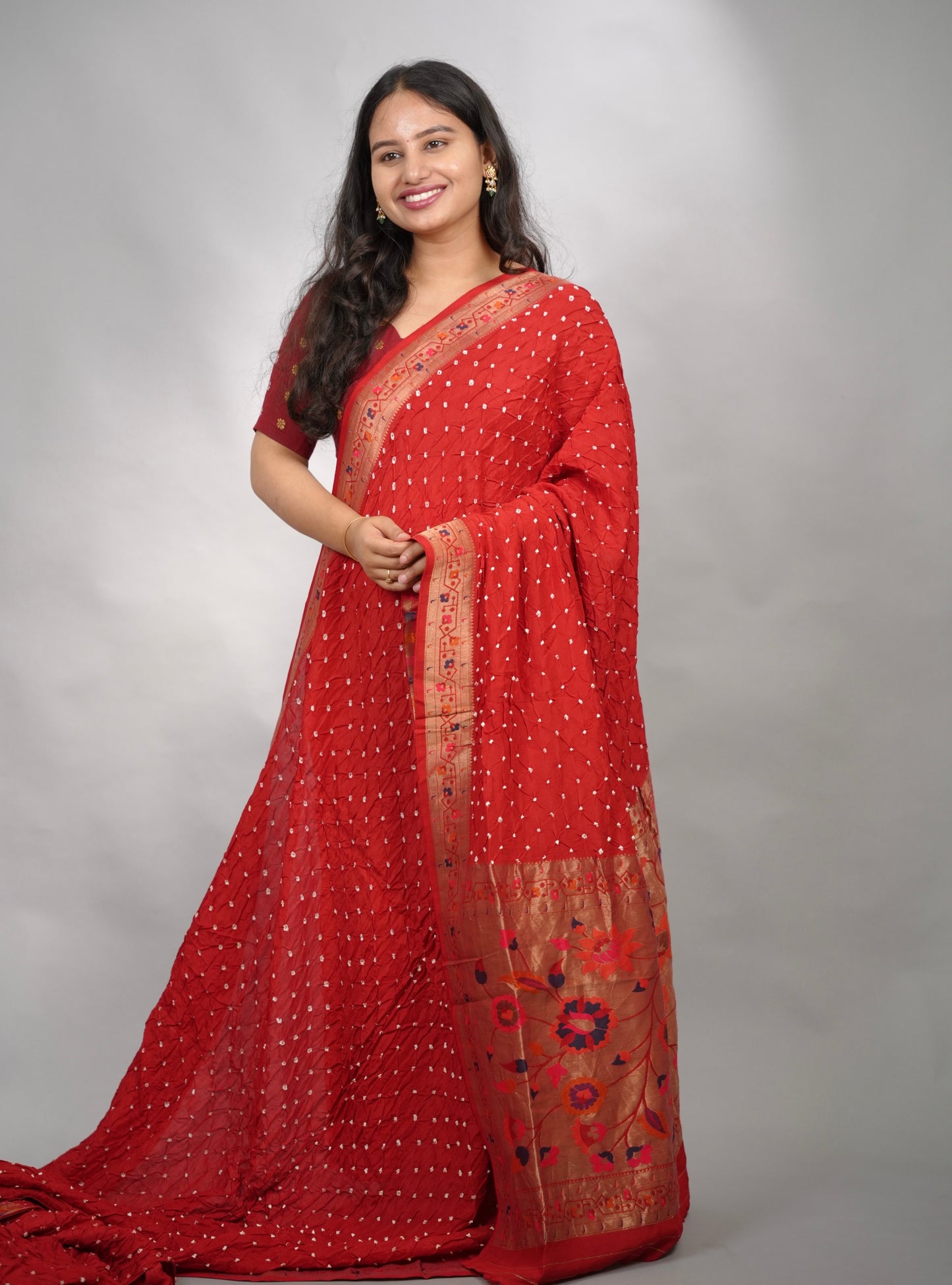 Red Handcrafted Bandhani Paithani Dola Silk Saree | Looms & Tassels