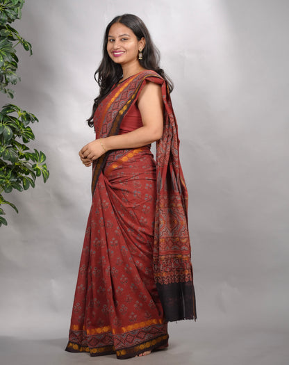 Maroon Ajrakh Hand Block Printed Sungudi Cotton Saree | Looms & Tassels