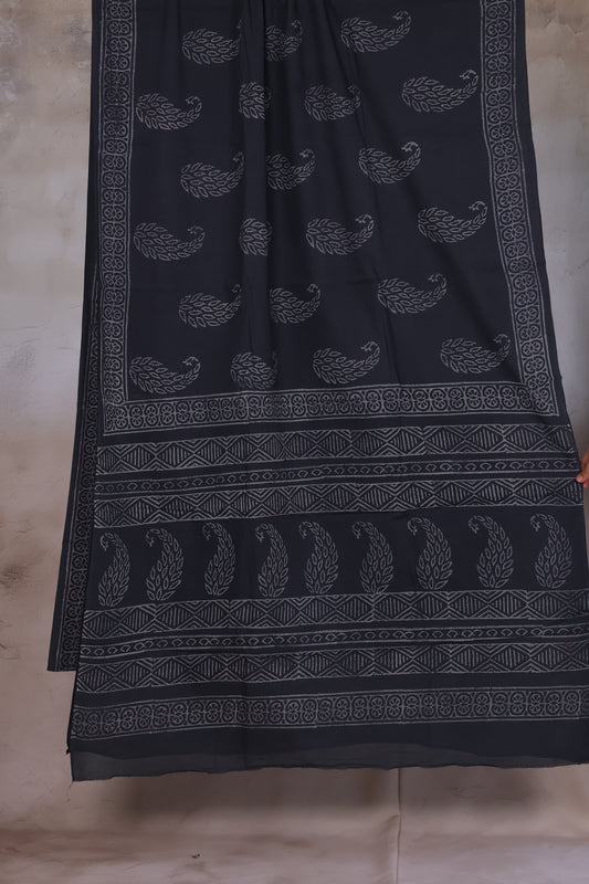 Black Bagru Handblock printed MulMul cotton saree