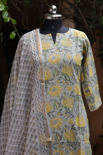 Grey Handblock printed Pure Mul Cotton with Kota Doria Duppata 3 piece suit (stitched)