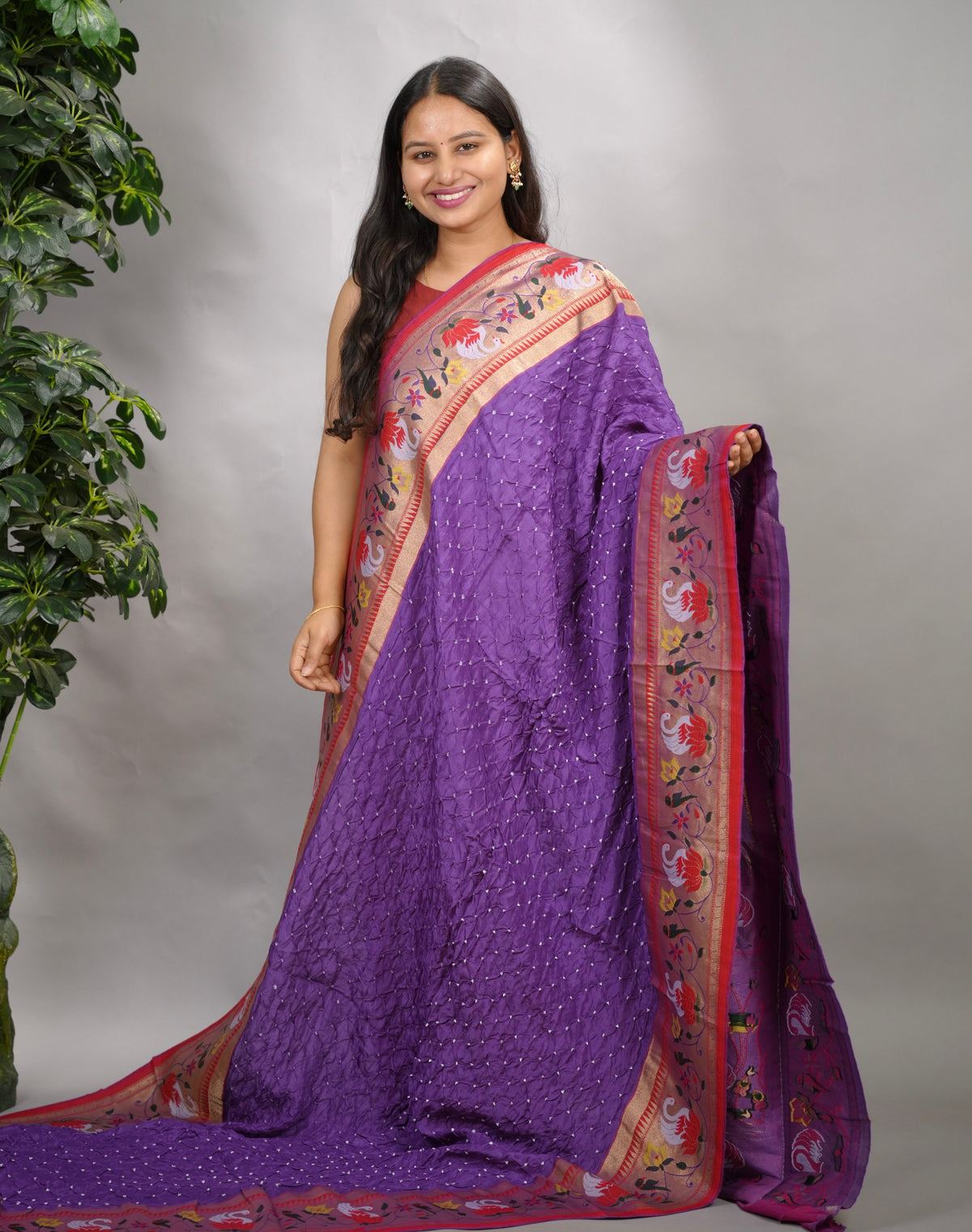Lavender Handcrafted Bandhani Paithani Dola Silk Saree | Looms & Tassels