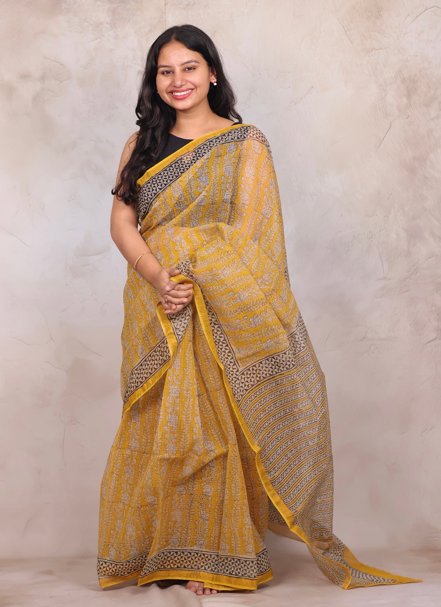 Yellow Pure Kota Doria Saree with Bagru Handblock Prints | Looms & Tassels