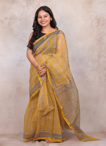 Yellow Pure Kota Doria Saree with Bagru Handblock Prints | Looms & Tassels