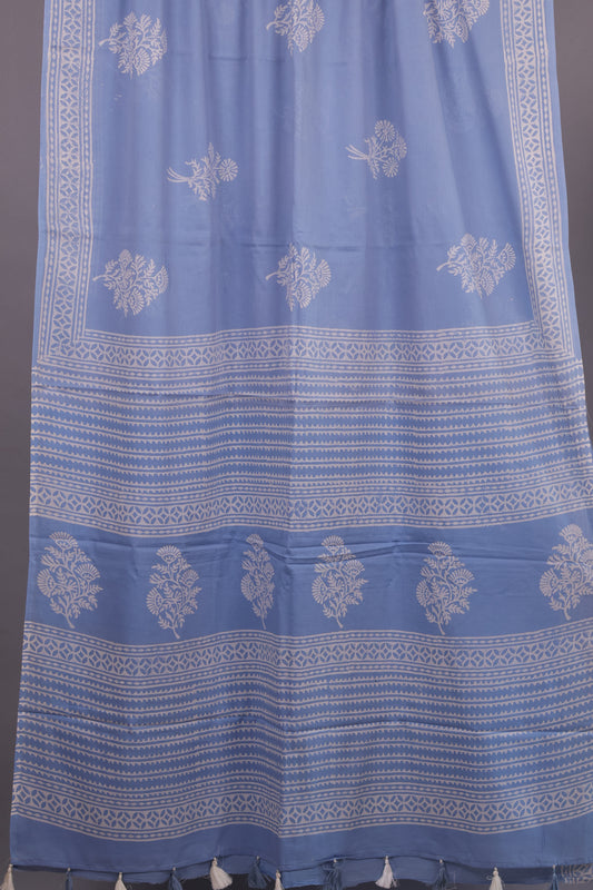 Powder Blue Bagru Handblock printed MulMul cotton saree with Tassels