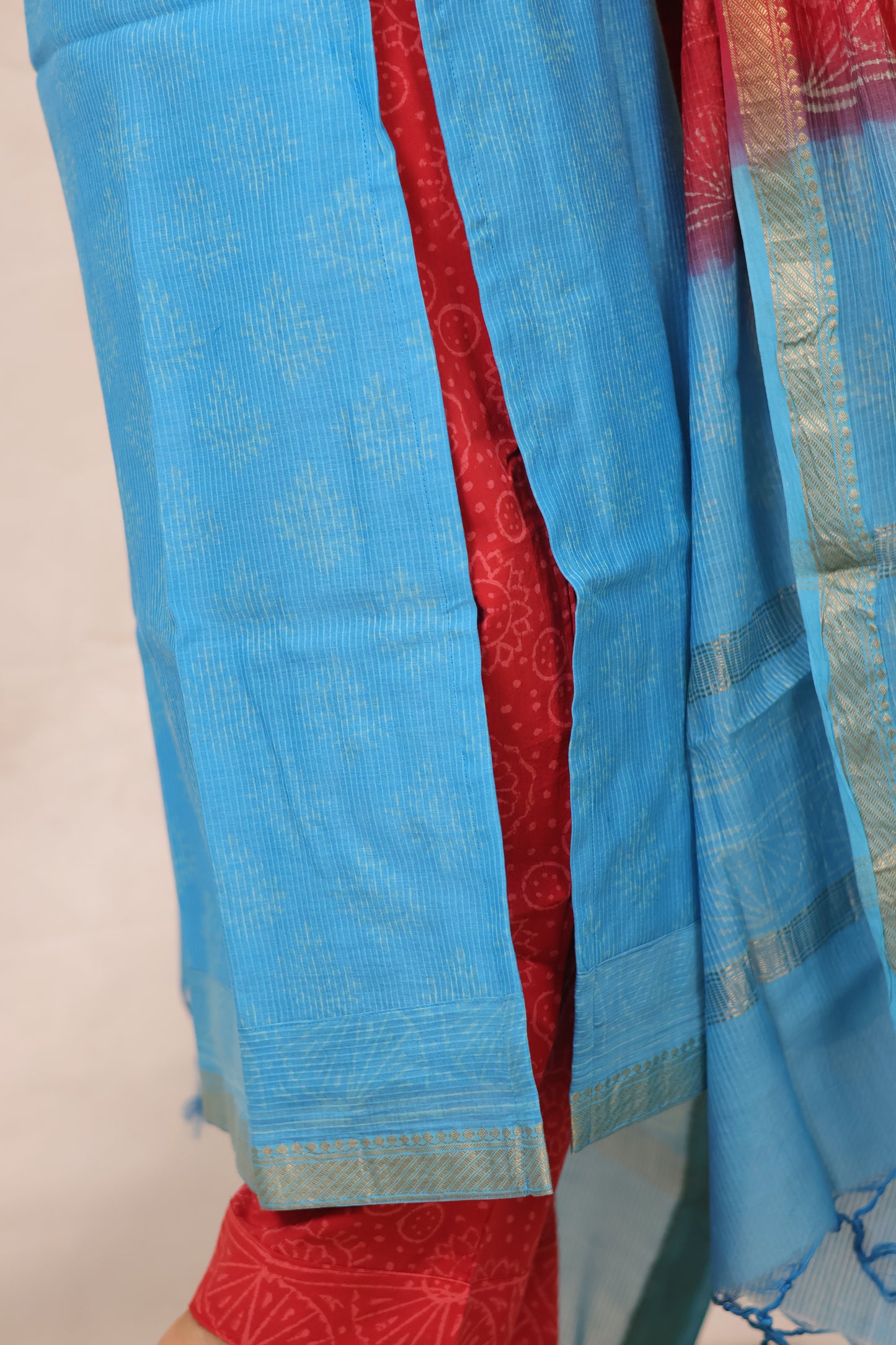 Sky Blue & Red Handblock printed Pure Maheswari Silk 3 piece suit (stitched)