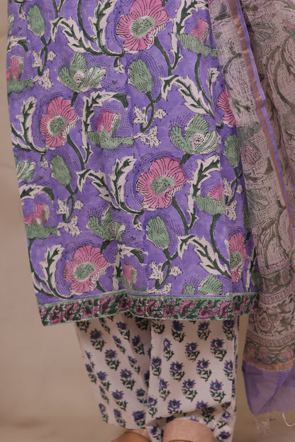 Lavender Handblock printed Pure Mul Cotton with Kota Doria Duppata 3 piece suit (stitched)