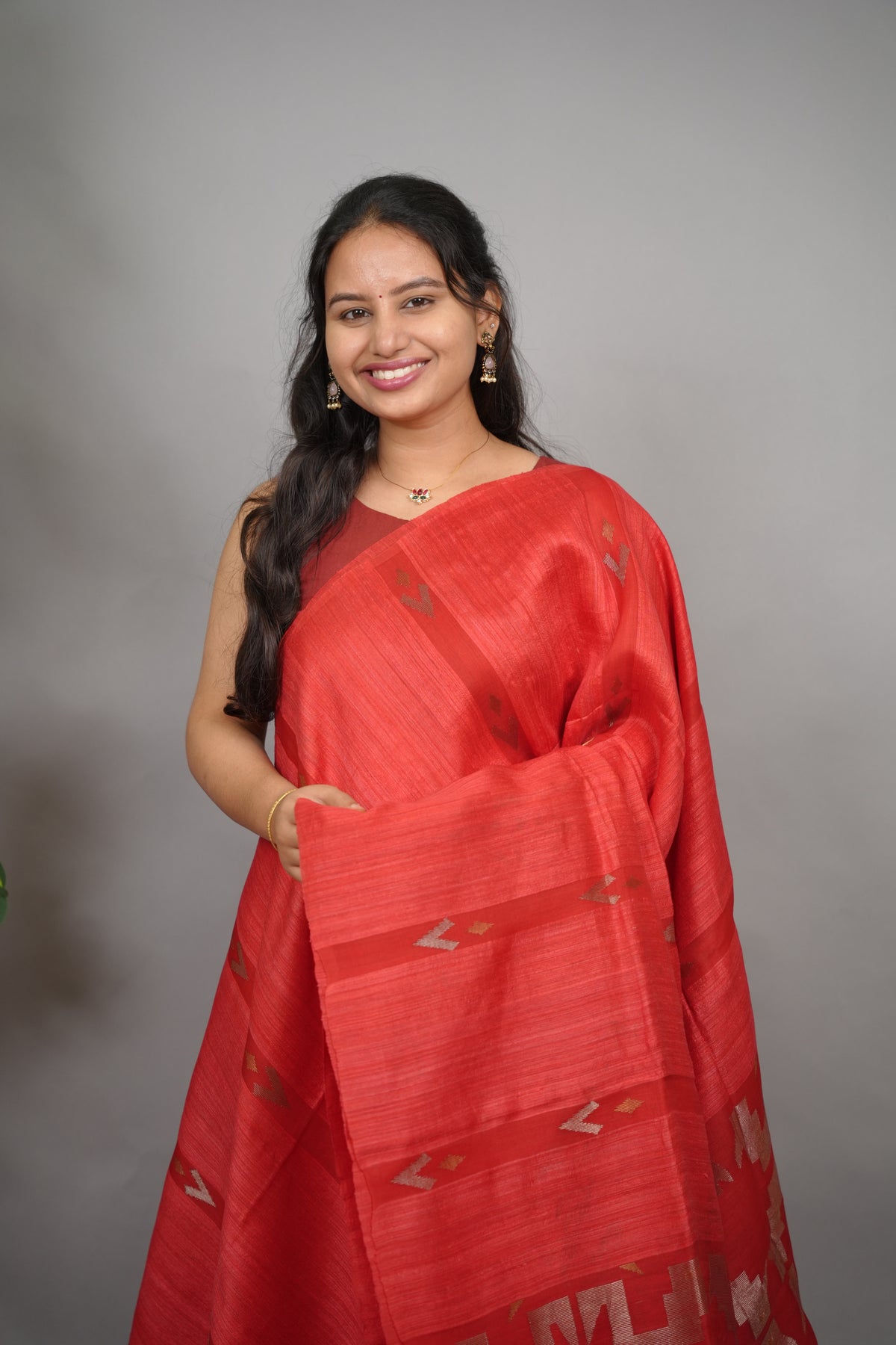 Red Handloom Jamdhani Pure Matka Silk Saree with Muslin Silk Pallu