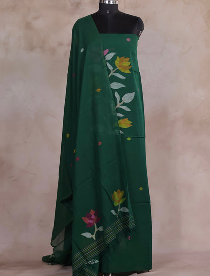 Green Handwoven Jamdhani weaving pure Malai cotton 2 piece suit sets | Looms & Tassels