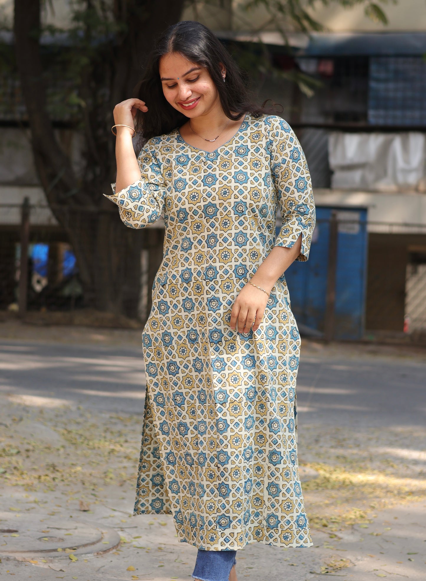 Cream Ajrakh Hand Block Printed Kurti