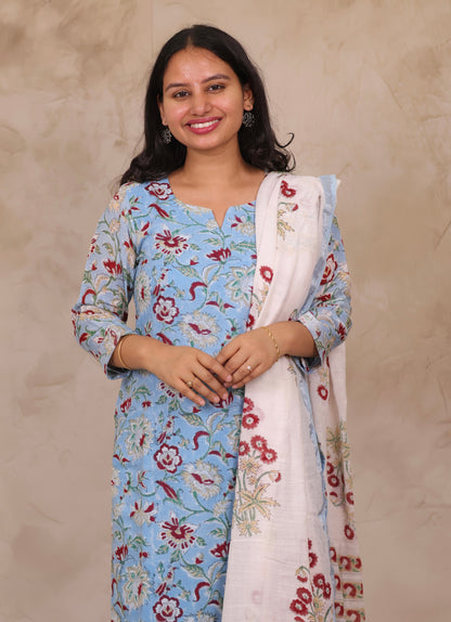 Sky Blue Linen Cotton Handblock printed 3 piece suit (stitched)