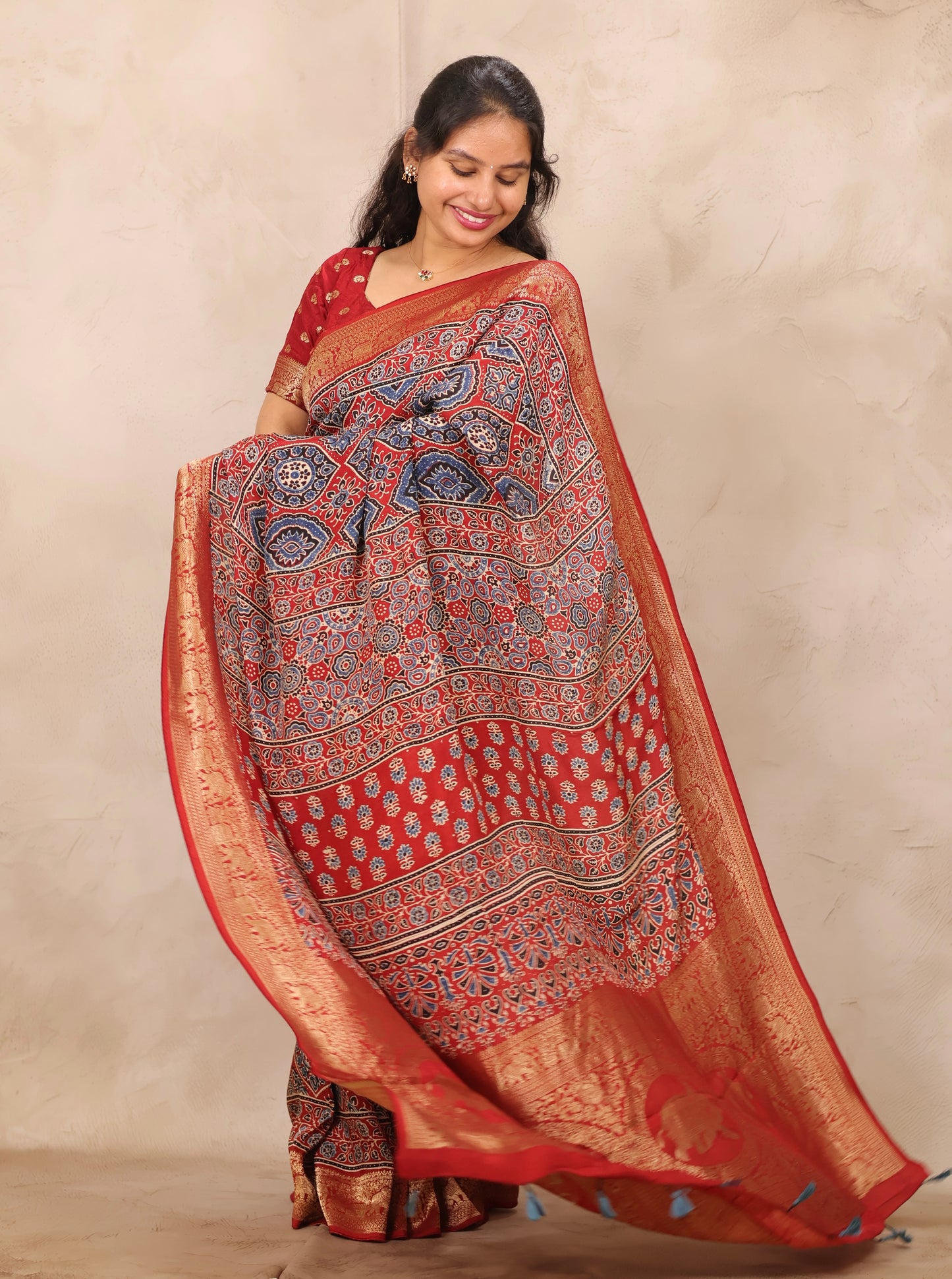 Red Badam Butta Ajrakh Handblock printed Dola Silk Saree | Looms & Tassels