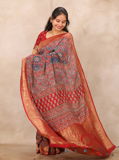 Red Badam Butta Ajrakh Handblock printed Dola Silk Saree | Looms & Tassels