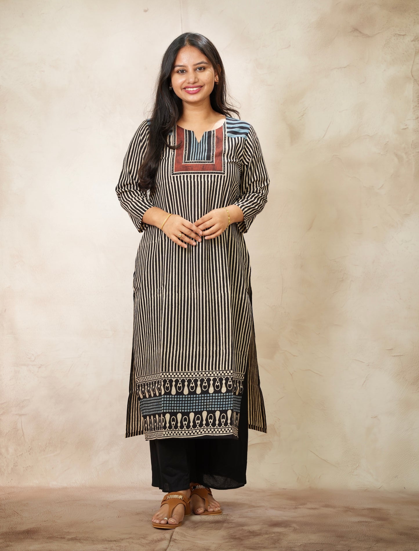 Black & White Ajrakh Pattern Hand Block printed Kurti | Looms & Tassels